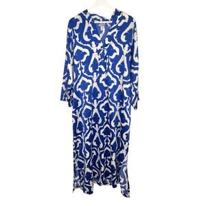 Natori Floral Bishop Sleeve V-Neck Robe Maxi Dress Blue/White Women's Size XL